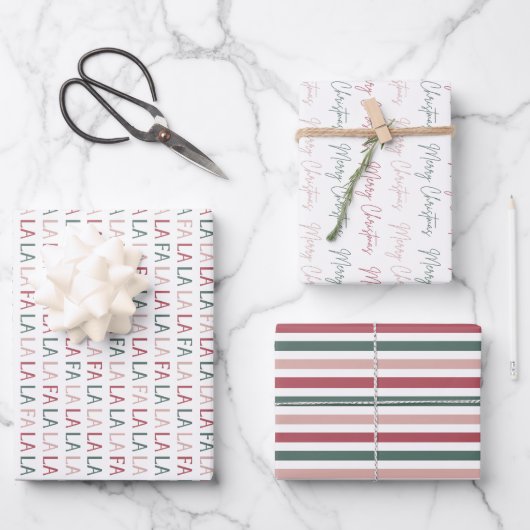 Frohe Weihnachten gestreift 3 Geschenkpapier Set (Vorderseite)