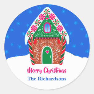 Frohe Weihnachten Gingerbread House Elegant Blue Runder Aufkleber