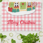Frohe Weihnachten Gingerbread House Pink Gingham Geschirrtuch (Gefaltet)