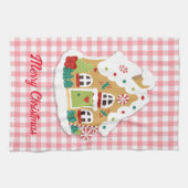 Frohe Weihnachten Gingerbread House Pink Gingham Geschirrtuch (Horizontal)