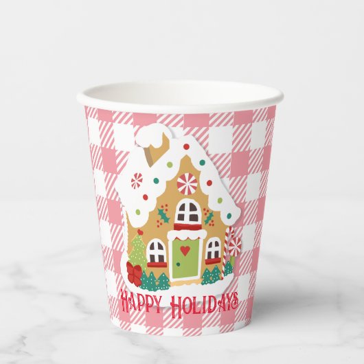 Frohe Weihnachten Gingerbread House Pink Gingham Pappbecher (Vorderseite)