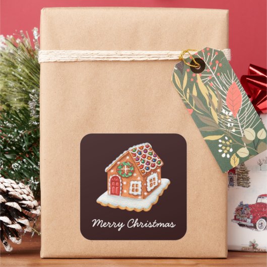 Frohe Weihnachten Gingerbread House Quadratischer Aufkleber (Feiertag)