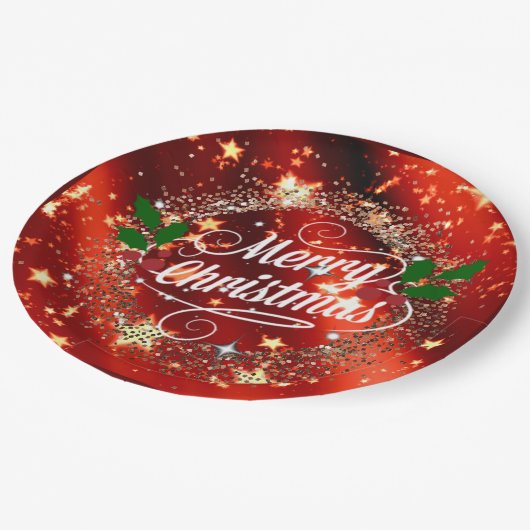 Frohe Weihnachten, glänzende Rot und Gold, Pappteller (Schrägansicht)