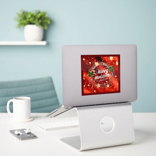 Frohe Weihnachten, glänzendes Rot- und Golddesign Aufkleber (Laptop auf Schreibtisch)