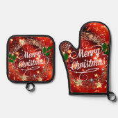 Frohe Weihnachten, glänzendes Rot- und Golddesign Ofenhandschuh & Topflappen-Set (Vorderseite)
