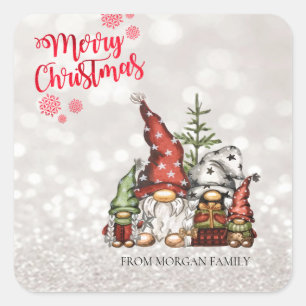 Frohe Weihnachten,Glitter Bokeh,Cute Gnomes Famili Quadratischer Aufkleber