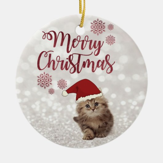 Frohe Weihnachten, Glittery Bokeh, Katze mit Weihn Keramik Ornament (Vorne)