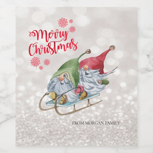 Frohe Weihnachten, Glitzer Bokeh, Niedlich Gnomes Weinetikett (Einzelnes Label)