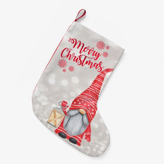Frohe Weihnachten, Glitzer Bokeh, Niedlicher Gnome Kleiner Weihnachtsstrumpf (Vorderansicht (hängend))