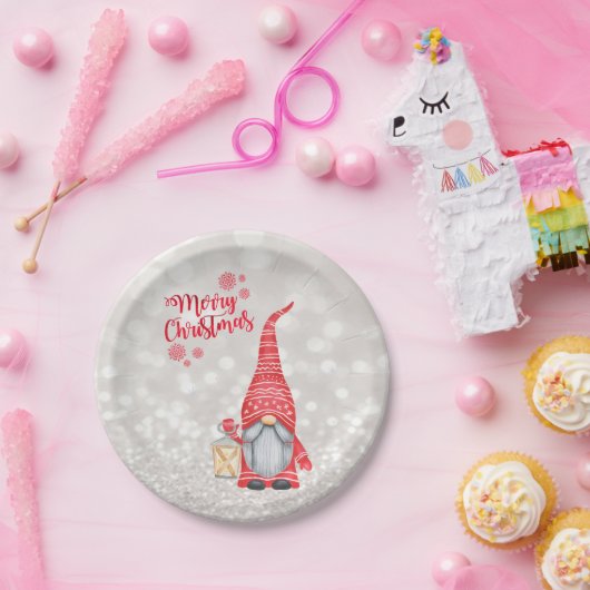 Frohe Weihnachten, Glitzer Bokeh, Niedlicher Gnome Pappteller (Party)