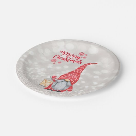 Frohe Weihnachten, Glitzer Bokeh, Niedlicher Gnome Pappteller (Schrägansicht)