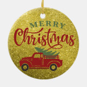 Frohe Weihnachten Glitzer Red Truck Weihnachtsbaum Keramik Ornament (Hinten)