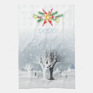 Frohe Weihnachten & Glück Neues Jahr! XMAS-Schnee Geschirrtuch