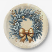 Frohe Weihnachten Glück Neujahr Blue Gold Wreath Pappteller (Vorderseite)