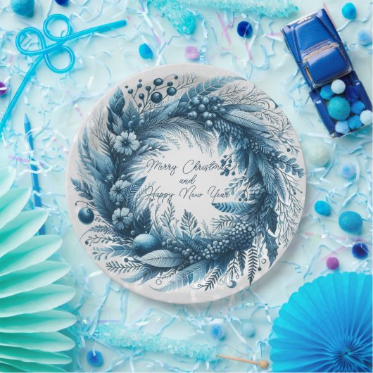 Frohe Weihnachten Glück Neujahr Blue Wreath Pappteller (Party)