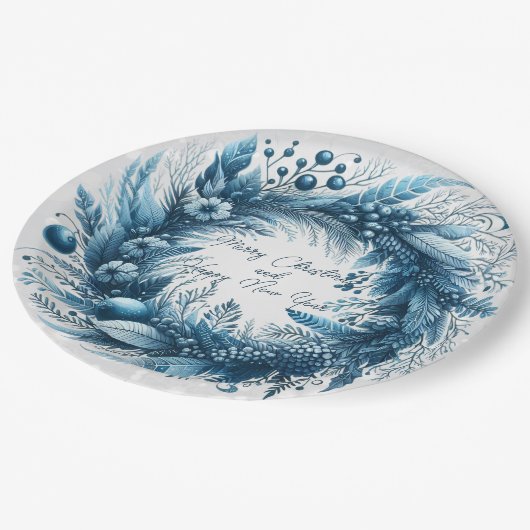 Frohe Weihnachten Glück Neujahr Blue Wreath Pappteller (Schrägansicht)