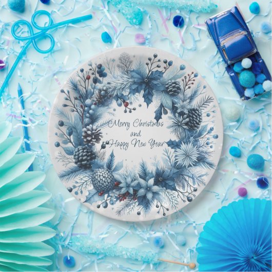 Frohe Weihnachten Glück Neujahr Blue Wreath Pappteller (Party)