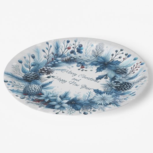 Frohe Weihnachten Glück Neujahr Blue Wreath Pappteller (Schrägansicht)