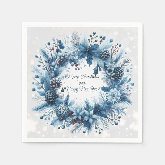 Frohe Weihnachten Glück Neujahr Blue Wreath Serviette (Vorderseite)