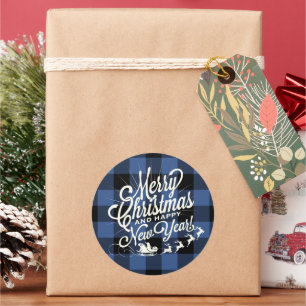Frohe Weihnachten Glück Neujahr Classic Blue Karo Runder Aufkleber