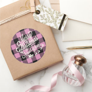 Frohe Weihnachten Glück Neujahr Fuchsia Black Karo Runder Aufkleber
