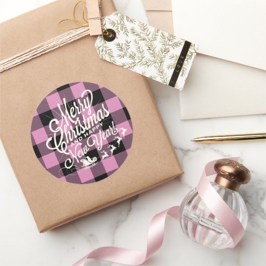 Frohe Weihnachten Glück Neujahr Fuchsia Black Karo Runder Aufkleber (Schenken)
