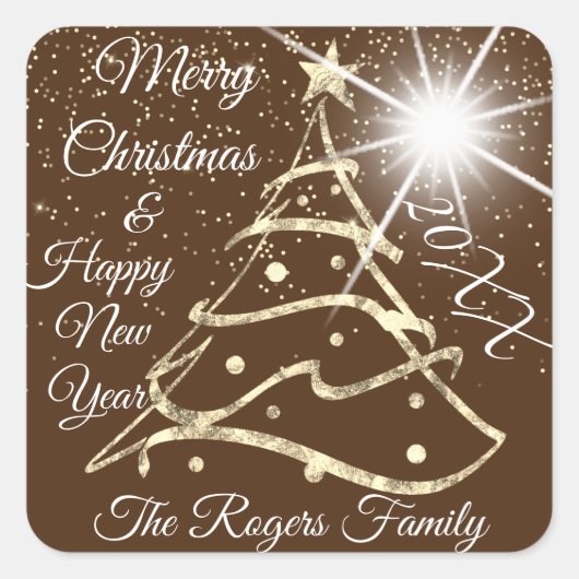 Frohe Weihnachten & Glück Neujahr Gold Brown Quadratischer Aufkleber (Vorderseite)