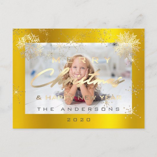 Frohe Weihnachten Glück Neujahr Gold Snow Foto Postkarte (Vorderseite)
