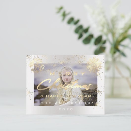 Frohe Weihnachten Glück Neujahr Gold Weißes Foto Postkarte (Stehend Vorderseite)
