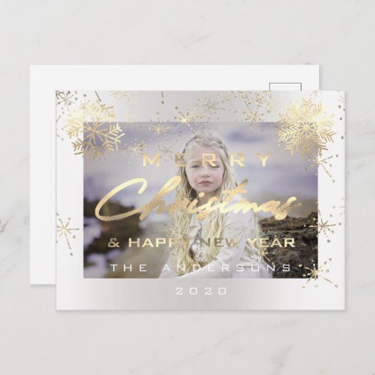 Frohe Weihnachten Glück Neujahr Gold Weißes Foto Postkarte (Vorne/Hinten)