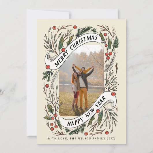 Frohe Weihnachten Glück Neujahr Pine Holly Foto (Vorderseite)