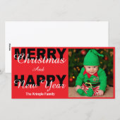 Frohe Weihnachten & Glück Neujahr Red Foto Card (Vorne/Hinten)