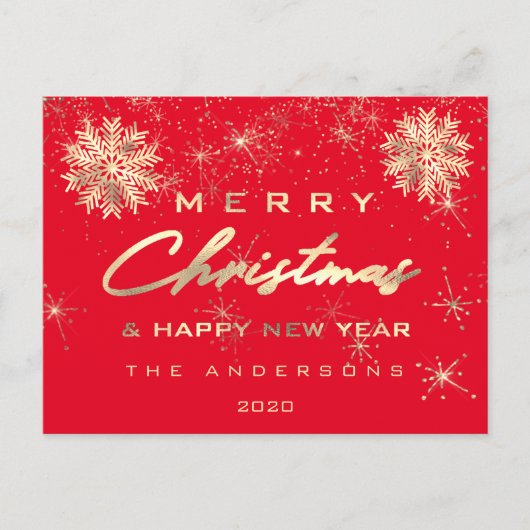 Frohe Weihnachten Glück Neujahr Schnee Gold Roter Postkarte (Vorderseite)