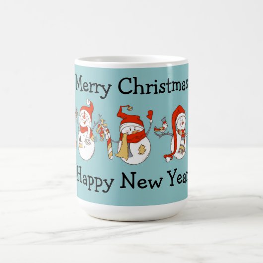 Frohe Weihnachten Glück Neujahr Schneemänner Kaffeetasse (Mittel)