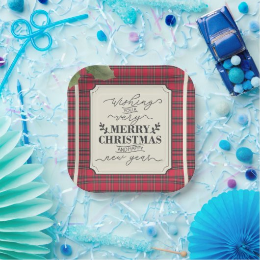 Frohe Weihnachten & Glück Neujahr Tartan Name Pappteller (Party)