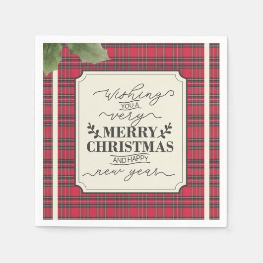 Frohe Weihnachten & Glück Neujahr Tartan Name Serviette (Vorderseite)