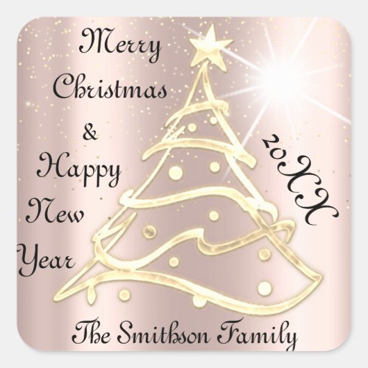 Frohe Weihnachten & Glück Neujahr Tree Rose Gold Quadratischer Aufkleber (Vorderseite)