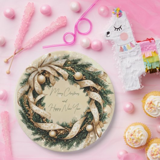 Frohe Weihnachten glücklich Neujahr Gold Green Kra Pappteller (Party)