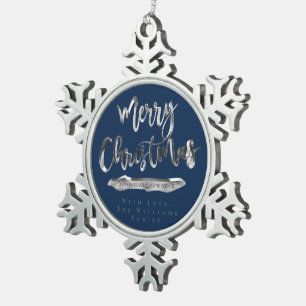 Frohe Weihnachten glücklich Neujahr Navy Blue Sil Schneeflocken Zinn-Ornament