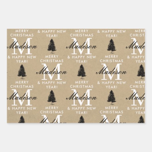 Frohe Weihnachten glücklich New Year Monogram Kraf Geschenkpapier Set (Vorderseite)