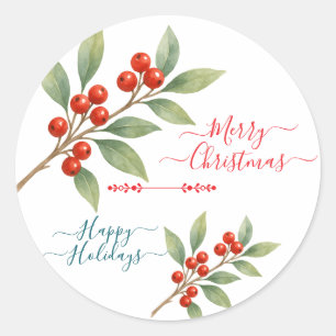 Frohe Weihnachten glückliche Ferien Winterberry De Runder Aufkleber