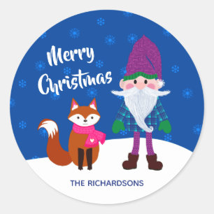 Frohe Weihnachten Gnome Fox Snowflakes Nachtzeit Runder Aufkleber