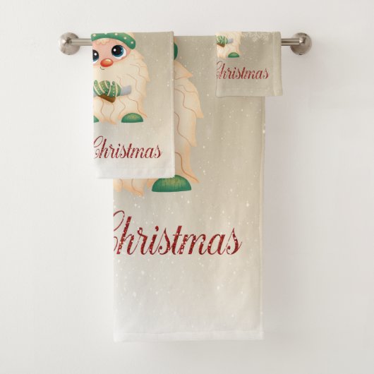 Frohe Weihnachten, Gnome, Pine Tree, Schneeflocken Badhandtuch Set (Insitu)