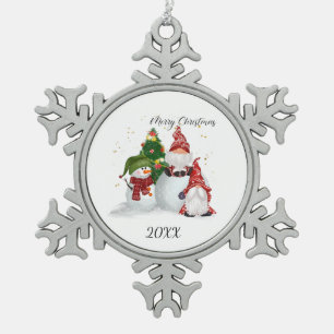 Frohe Weihnachten Gnome Schneemann  Schneeflocken Zinn-Ornament
