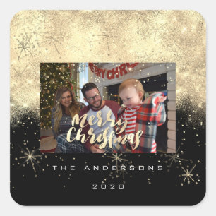 Frohe Weihnachten Gold Black Stars Spark Foto Name Quadratischer Aufkleber