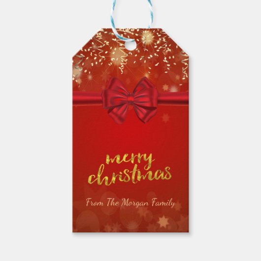 Frohe Weihnachten, Gold Confetti, Red Bow Geschenkanhänger (Vorderseite)