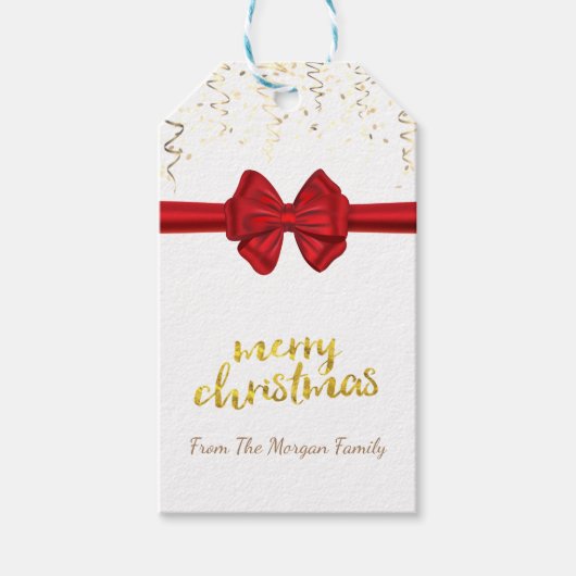 Frohe Weihnachten, Gold Confetti, Red Bow, White Geschenkanhänger (Vorderseite)