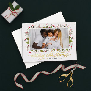 Frohe Weihnachten Gold Elegantes Script Grüne Foto Folien Feiertagskarte