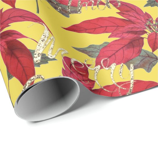 Frohe Weihnachten Gold Glitzer Script Blumengelb Geschenkpapier (Rolleneckpunkt)