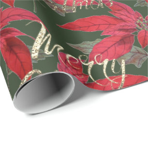 Frohe Weihnachten Gold Glitzer Script floral Green Geschenkpapier